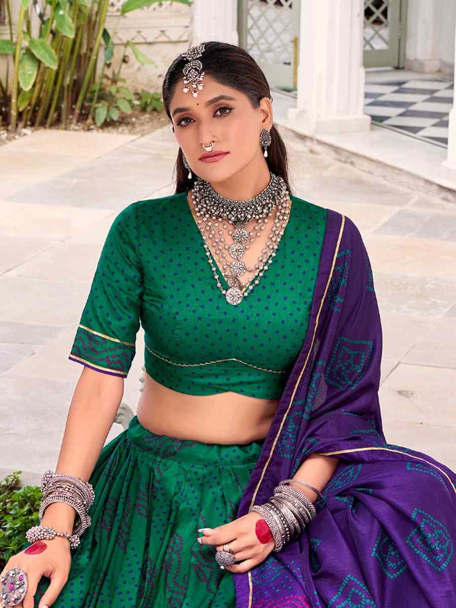 Green Tussar Silk Bhandej Printed Handwoven Festival Wedding Party Reception Heavy Border Lehenga Choli