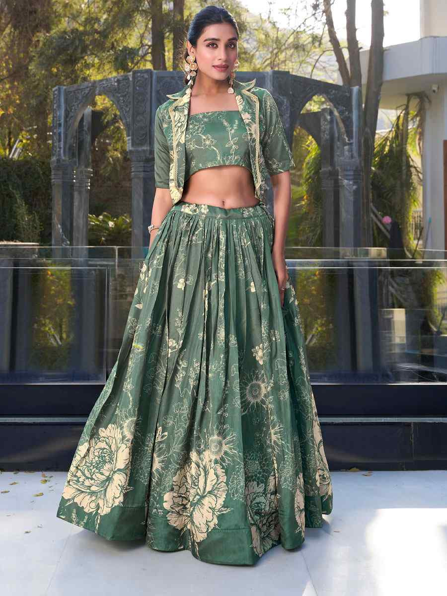 Green Tussar Silk Embroidered Festival Wedding Jacket Lehenga Choli