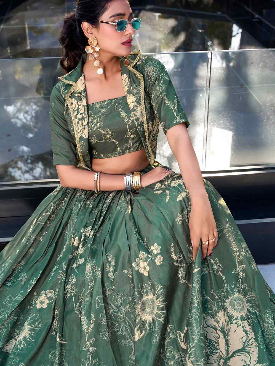 Green Tussar Silk Embroidered Festival Wedding Jacket Lehenga Choli