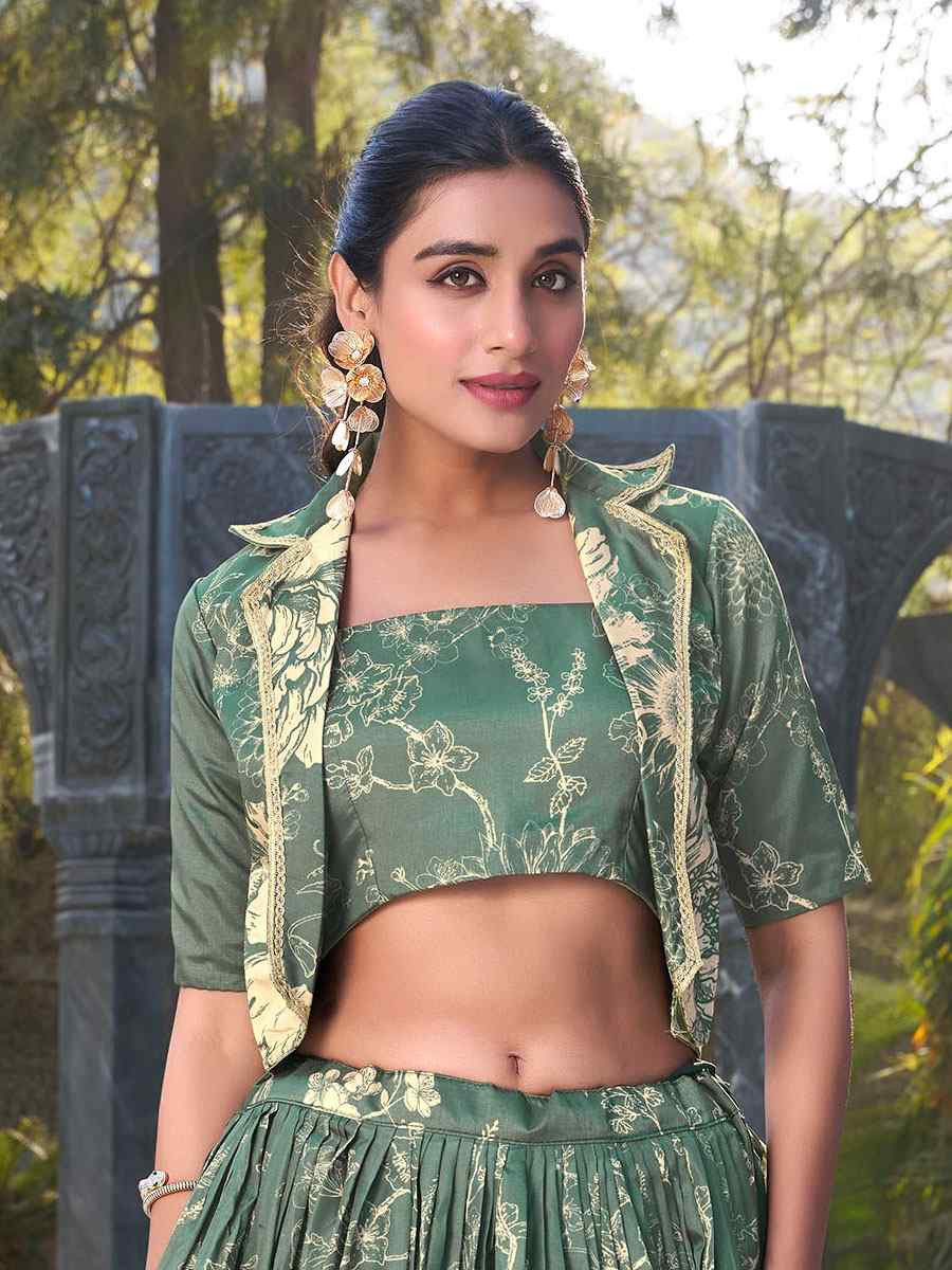 Green Tussar Silk Embroidered Festival Wedding Jacket Lehenga Choli
