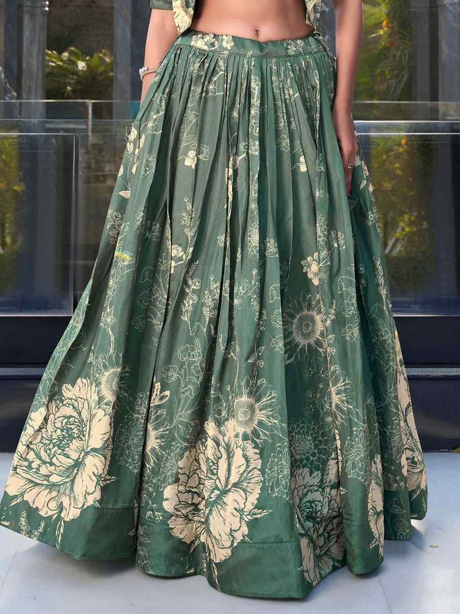 Green Tussar Silk Embroidered Festival Wedding Jacket Lehenga Choli