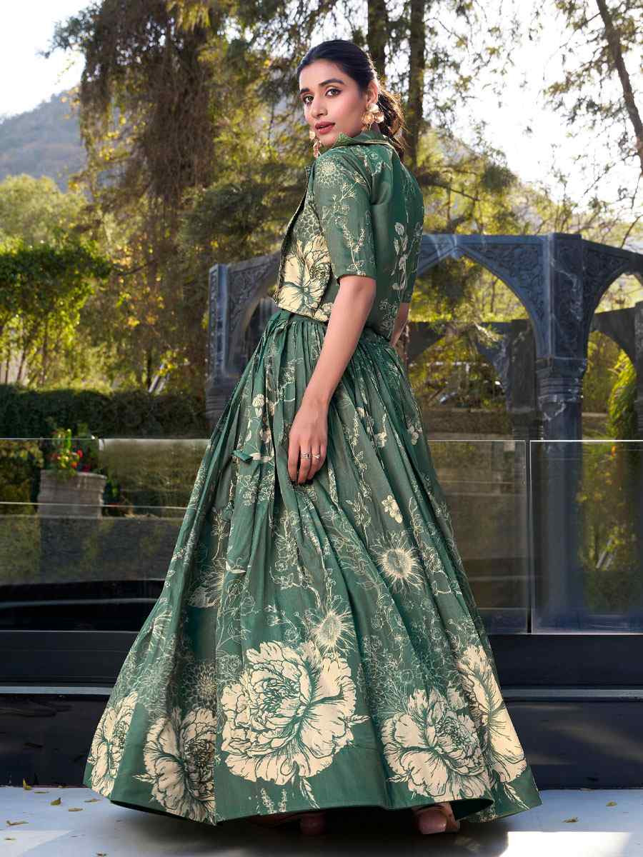 Green Tussar Silk Embroidered Festival Wedding Jacket Lehenga Choli