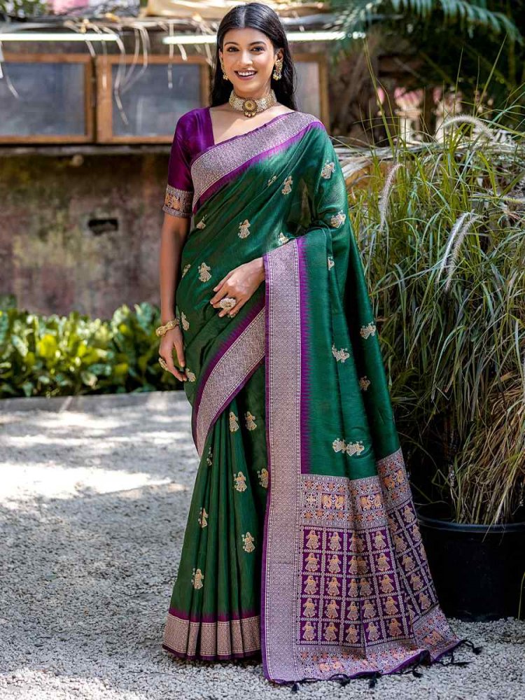 Green Tussar Silk Handwoven Wedding Festival Heavy Border Saree