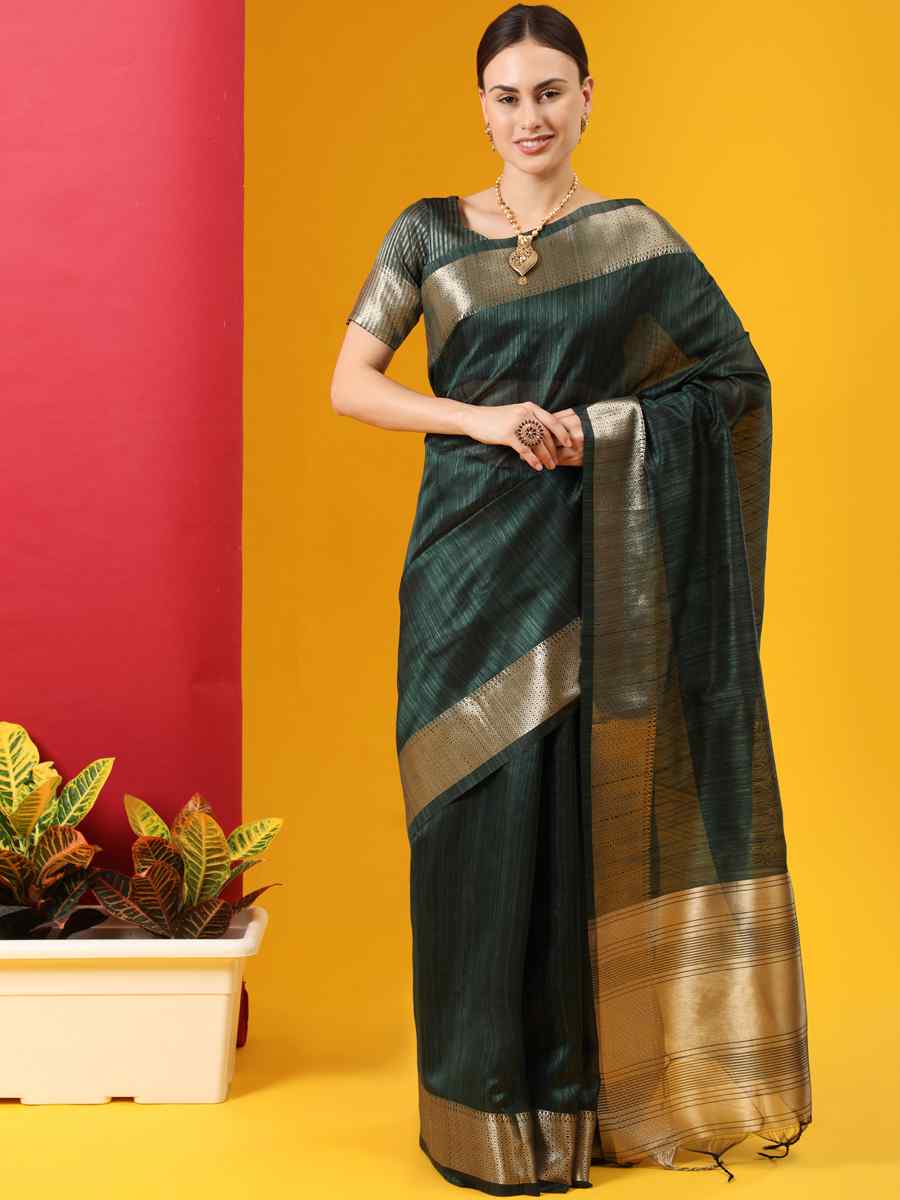 Green Tussar Silk Handwoven Wedding Festival Heavy Border Saree