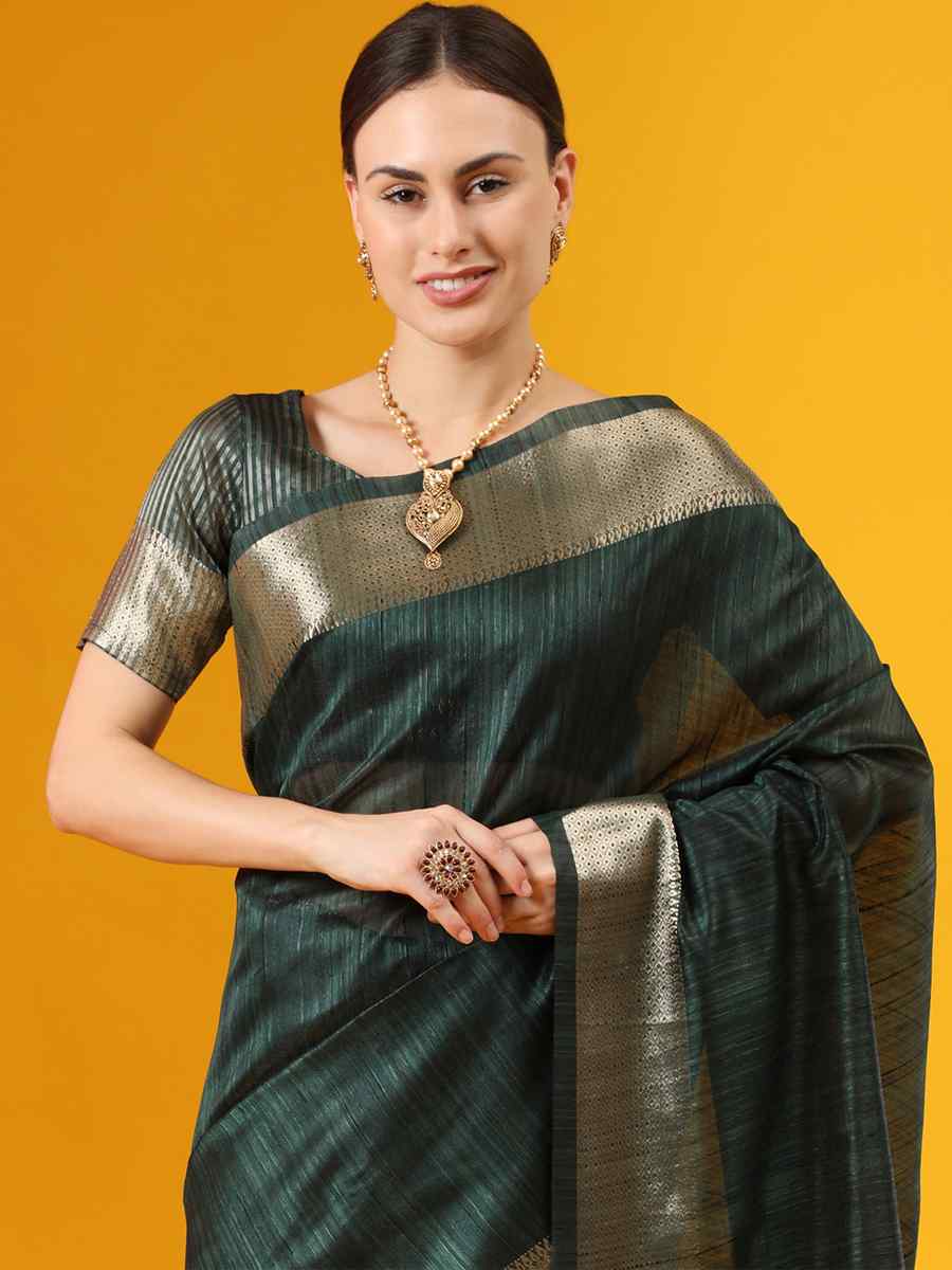 Green Tussar Silk Handwoven Wedding Festival Heavy Border Saree