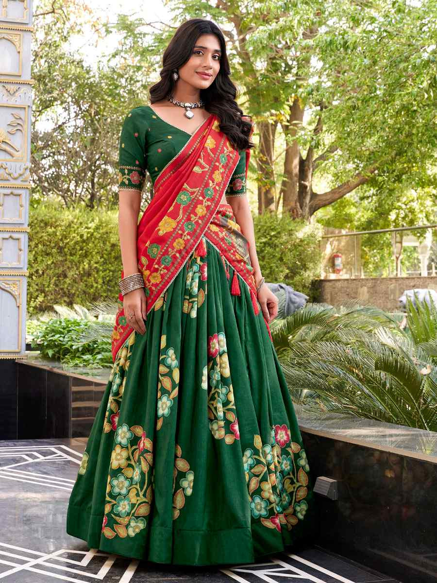 Green Tussar Silk Printed And Foil Work Festival Traditional Lehenga Choli