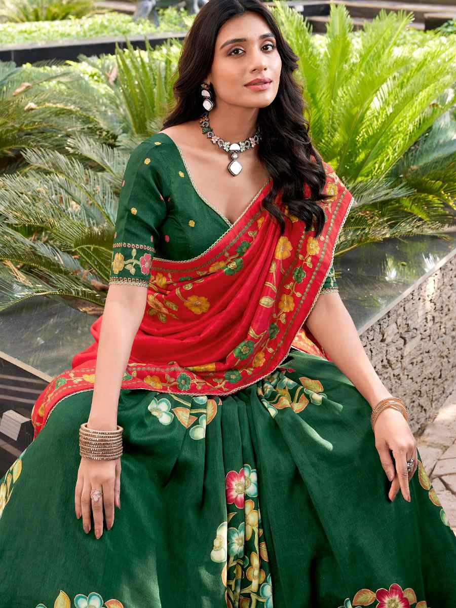 Green Tussar Silk Printed And Foil Work Festival Traditional Lehenga Choli