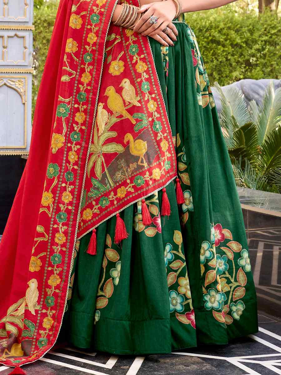 Green Tussar Silk Printed And Foil Work Festival Traditional Lehenga Choli