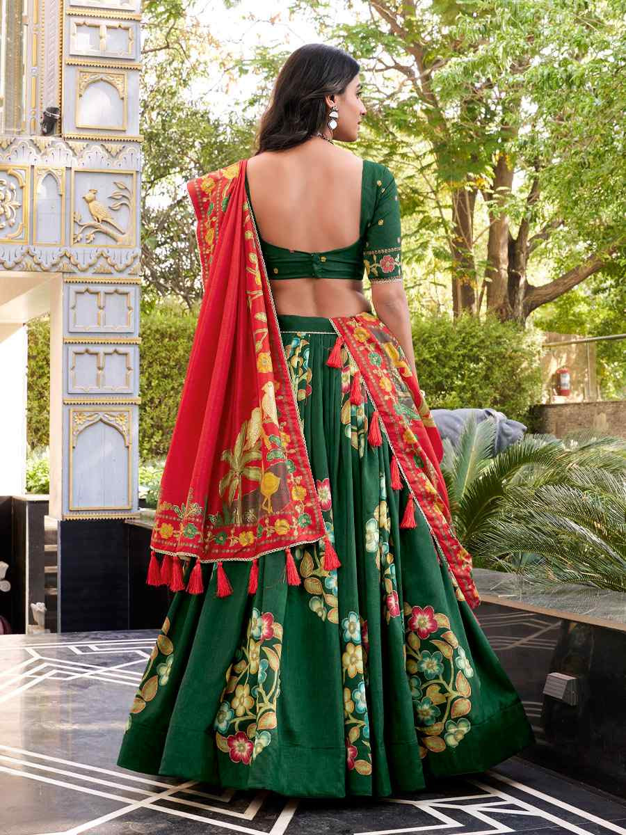 Green Tussar Silk Printed And Foil Work Festival Traditional Lehenga Choli