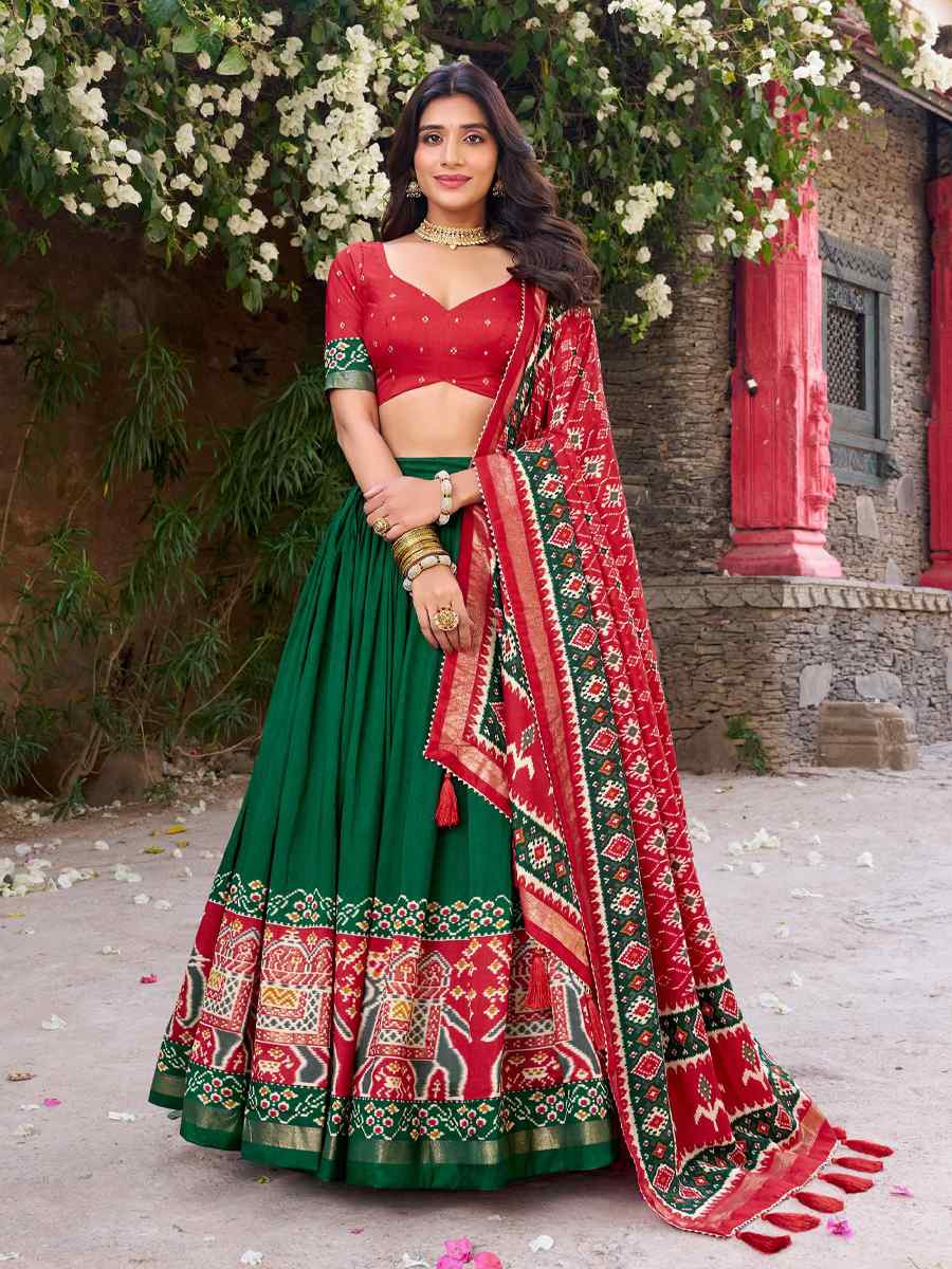 Green Tussar Silk Printed And Hand Embroidered Party Reception Wedding Lehenga Choli