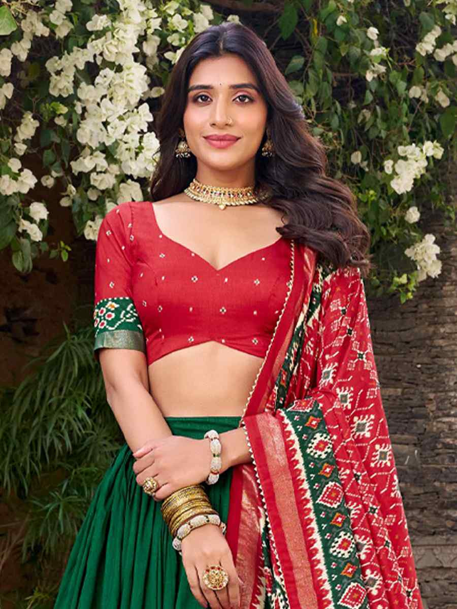 Green Tussar Silk Printed And Hand Embroidered Party Reception Wedding Lehenga Choli