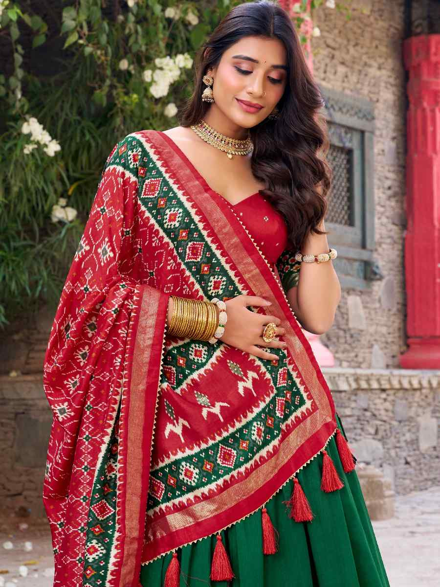 Green Tussar Silk Printed And Hand Embroidered Party Reception Wedding Lehenga Choli