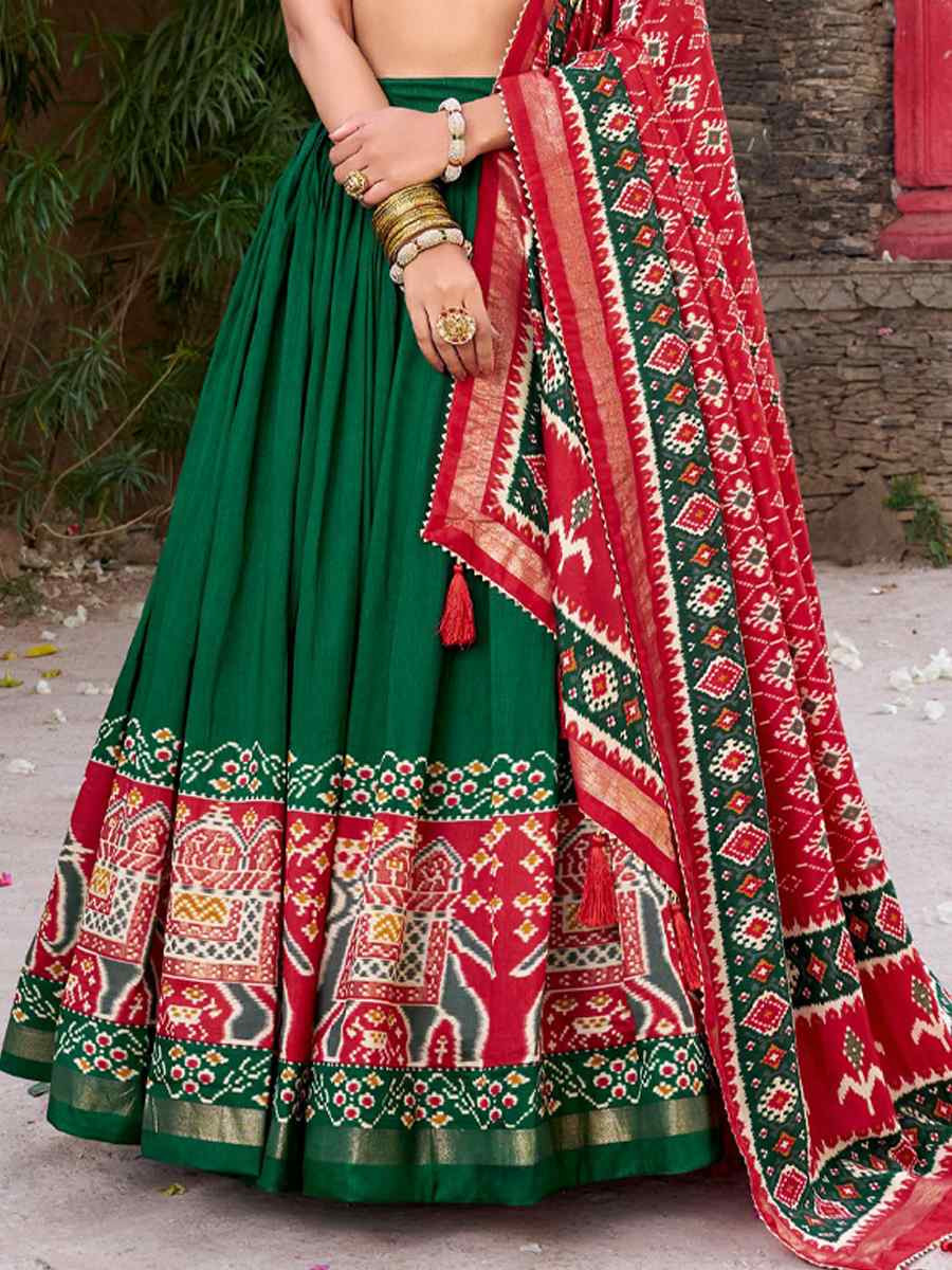 Green Tussar Silk Printed And Hand Embroidered Party Reception Wedding Lehenga Choli