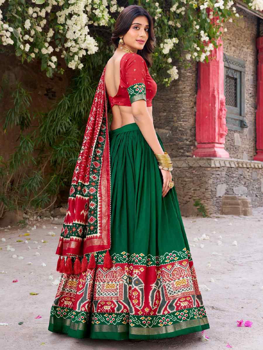Green Tussar Silk Printed And Hand Embroidered Party Reception Wedding Lehenga Choli