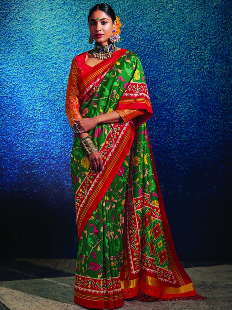 Green Tussar Silk Printed Casual Festival Contemporary Saree