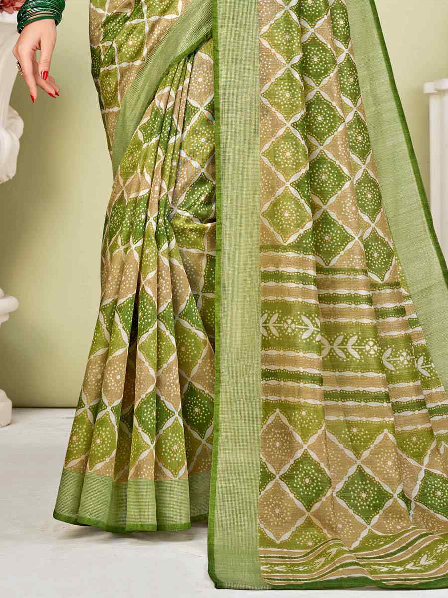 Green Tussar Silk Printed Casual Festival Contemporary Saree