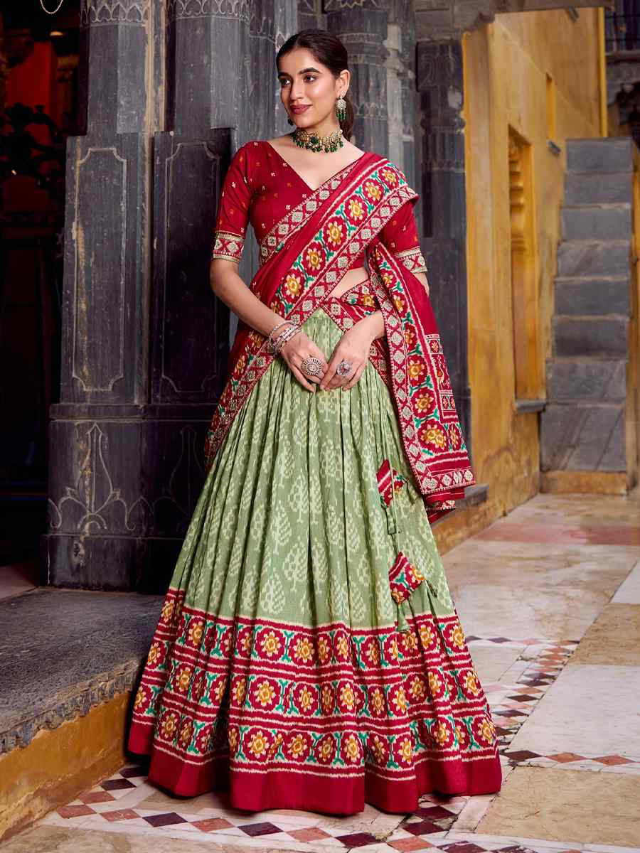 Green Tussar Silk Printed Festival Traditional Lehenga Choli