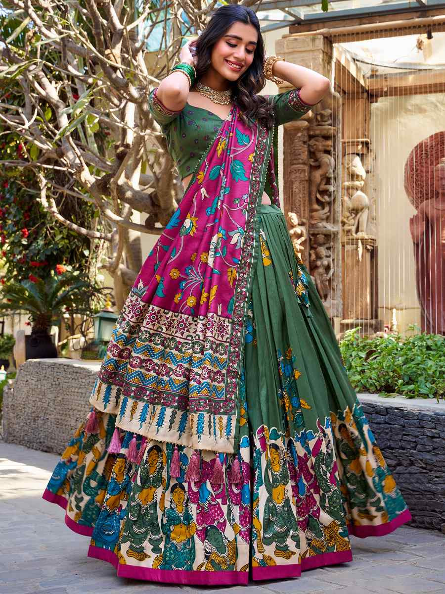 Green Tussar Silk Printed Reception Wedding Lehenga Choli