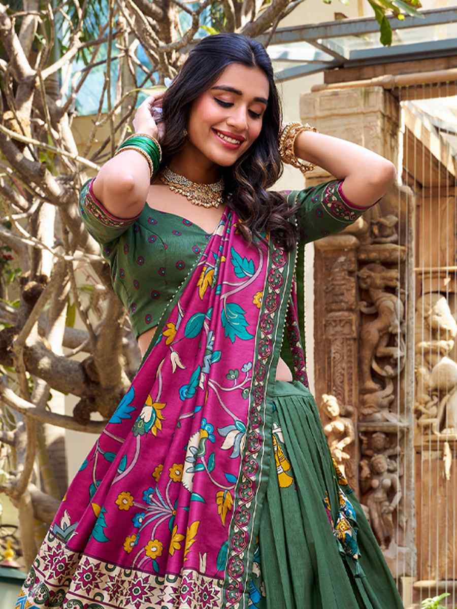 Green Tussar Silk Printed Reception Wedding Lehenga Choli