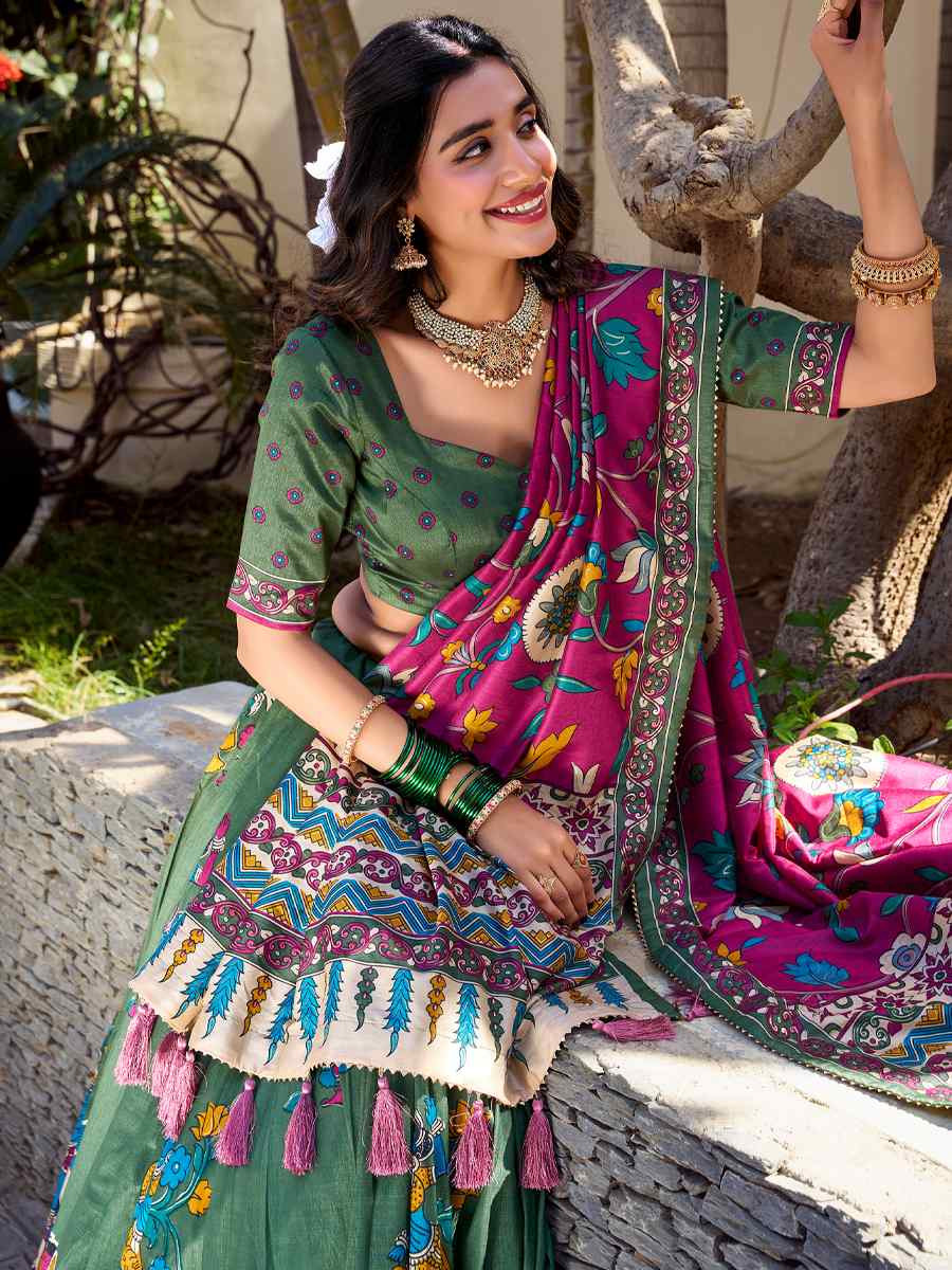 Green Tussar Silk Printed Reception Wedding Lehenga Choli