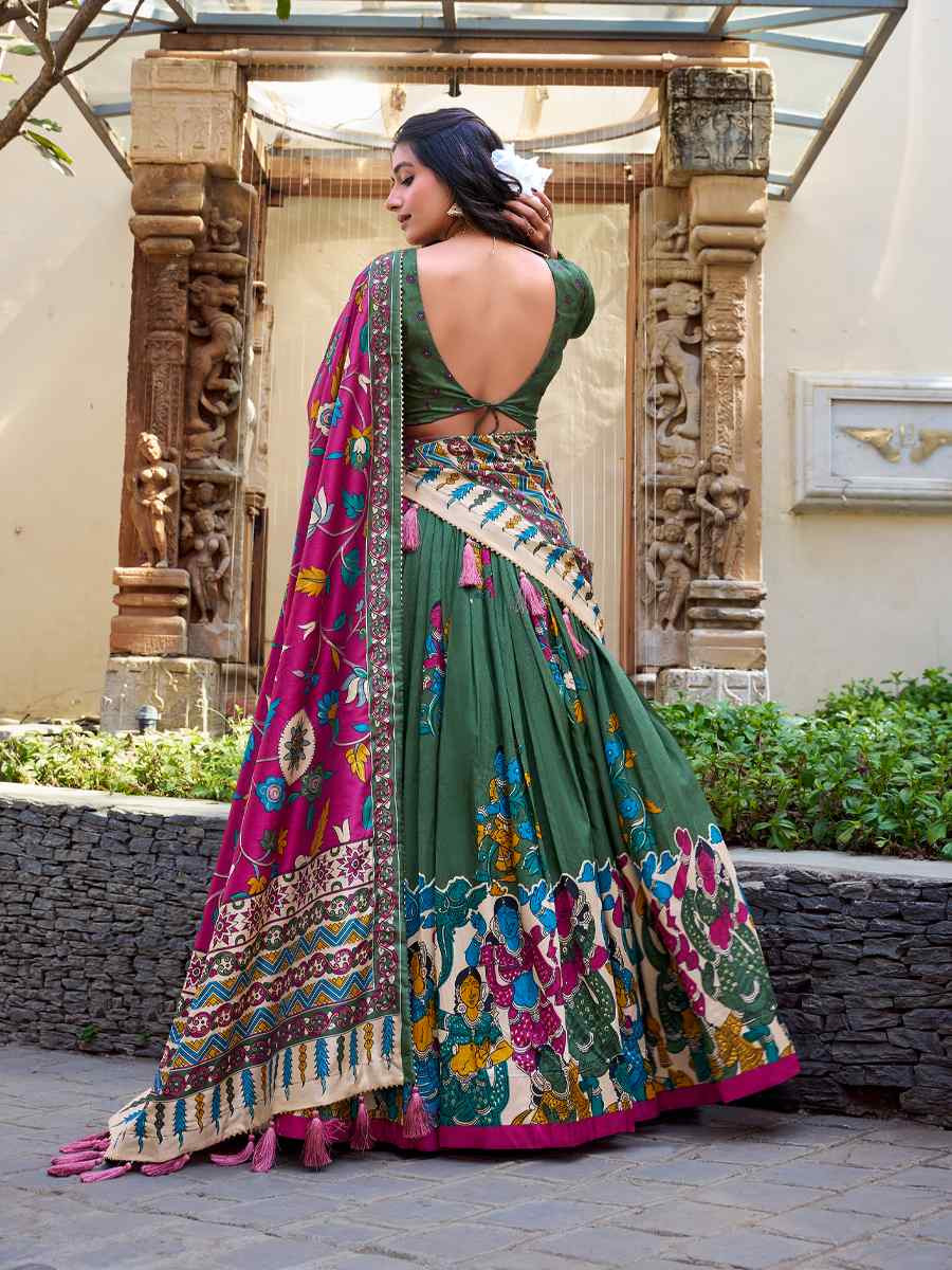 Green Tussar Silk Printed Reception Wedding Lehenga Choli
