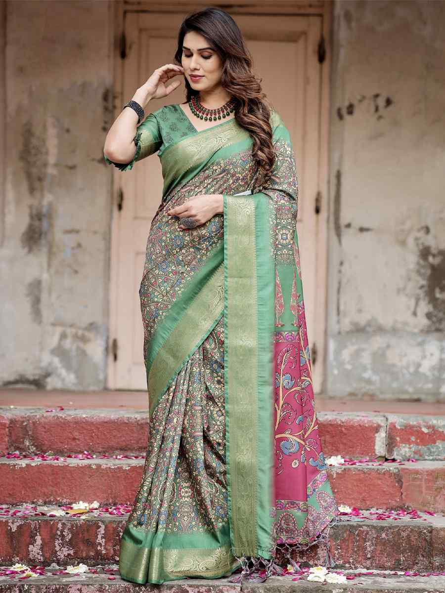 Green Tussar Silk Zari Handwoven Printed Casual Reception Festival Wedding Fancy Heavy Border Saree
