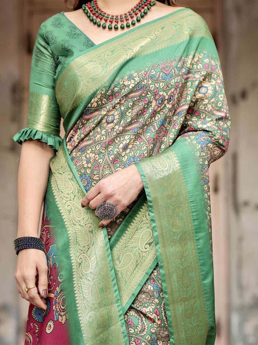 Green Tussar Silk Zari Handwoven Printed Casual Reception Festival Wedding Fancy Heavy Border Saree
