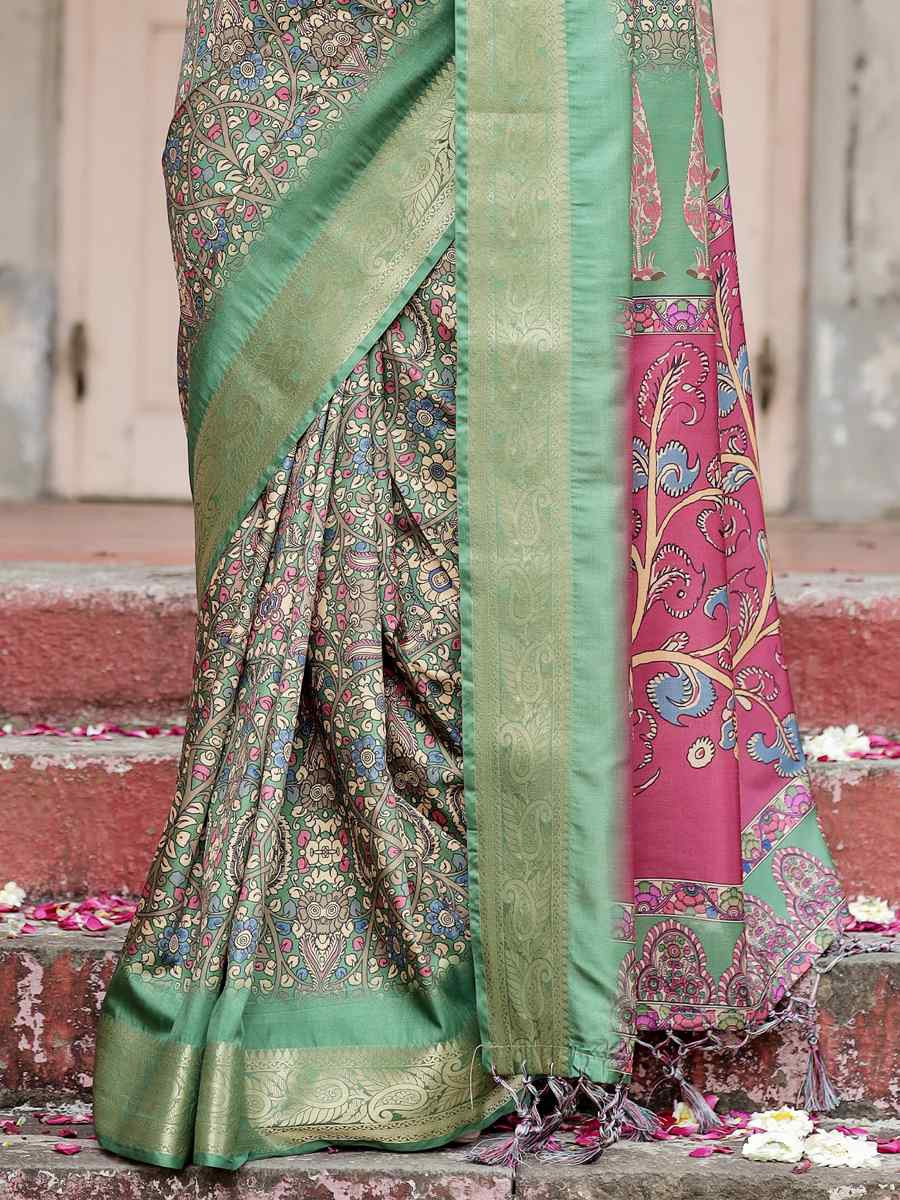 Green Tussar Silk Zari Handwoven Printed Casual Reception Festival Wedding Fancy Heavy Border Saree