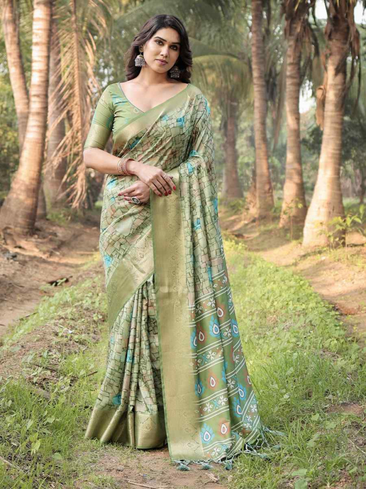 Image of Green Tussar Silk Zari Handwoven Printed Casual Reception Festival Wedding Fancy Heavy Border Saree