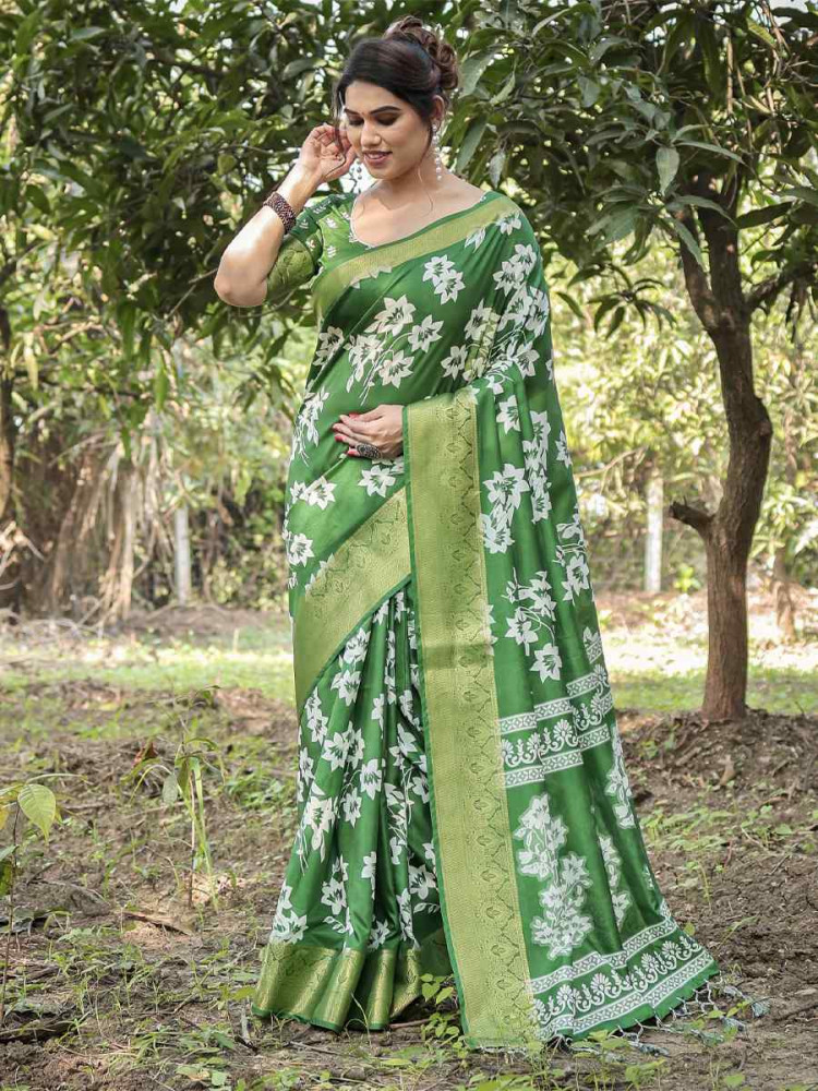 Image of Green Tussar Silk Zari Handwoven Printed Casual Reception Festival Wedding Fancy Heavy Border Saree
