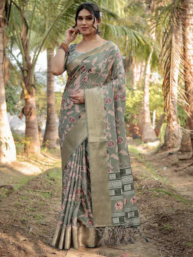 Image of Green Tussar Silk Zari Handwoven Printed Casual Reception Festival Wedding Fancy Heavy Border Saree