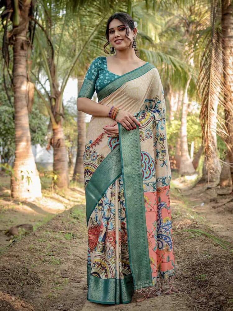 Image of Green Tussar Silk Zari Handwoven Printed Casual Reception Festival Wedding Fancy Heavy Border Saree