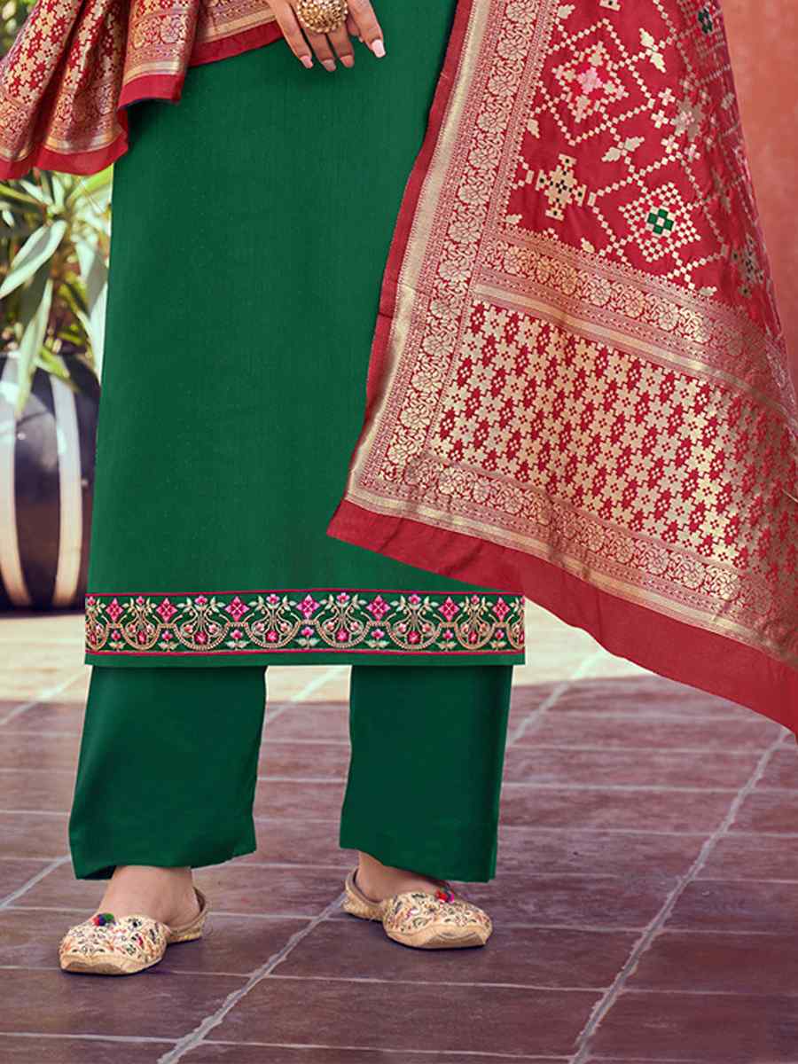 Green Tusser Satin Butti Embroidered Wedding Festival Pant Salwar Kameez