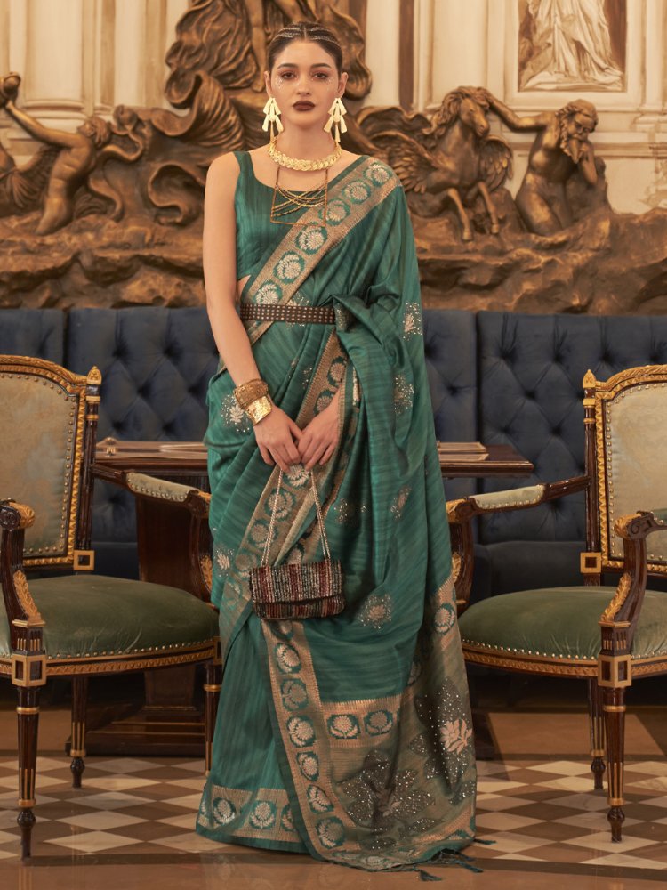 Green Tusser Silk Handwoven Wedding Festival Heavy Border Saree