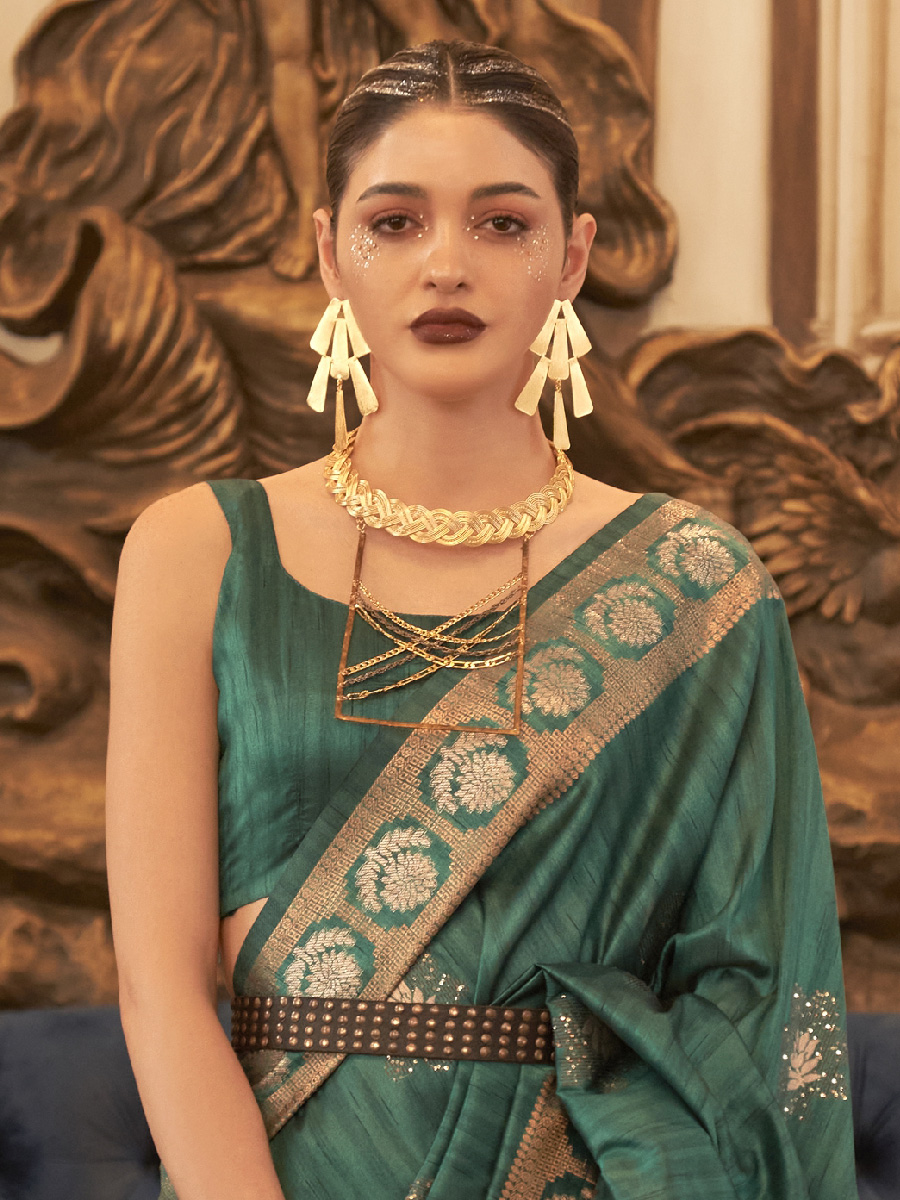 Green Tusser Silk Handwoven Wedding Festival Heavy Border Saree