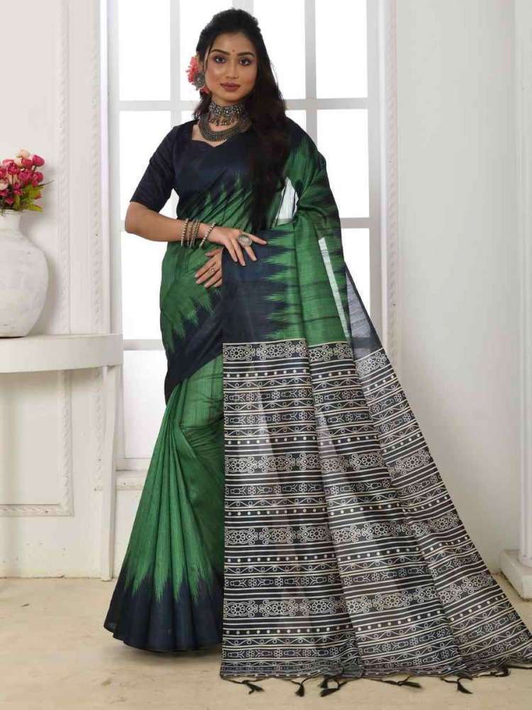 Green Tusser Silk Printed Reception Party Classic Style Saree