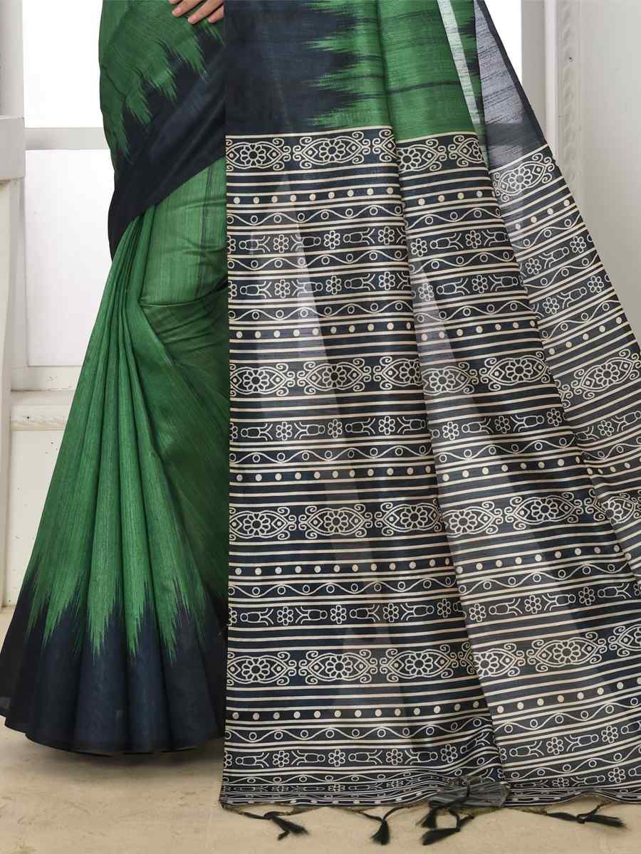 Green Tusser Silk Printed Reception Party Classic Style Saree