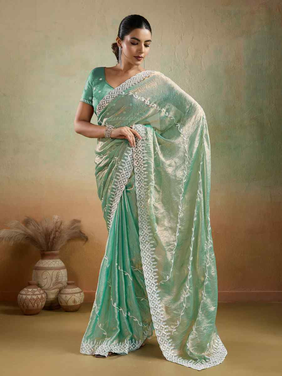 Green Velvet Chiffon Embroidery Traditional Bridal Reception Festival Wedding Fancy Heavy Border Saree