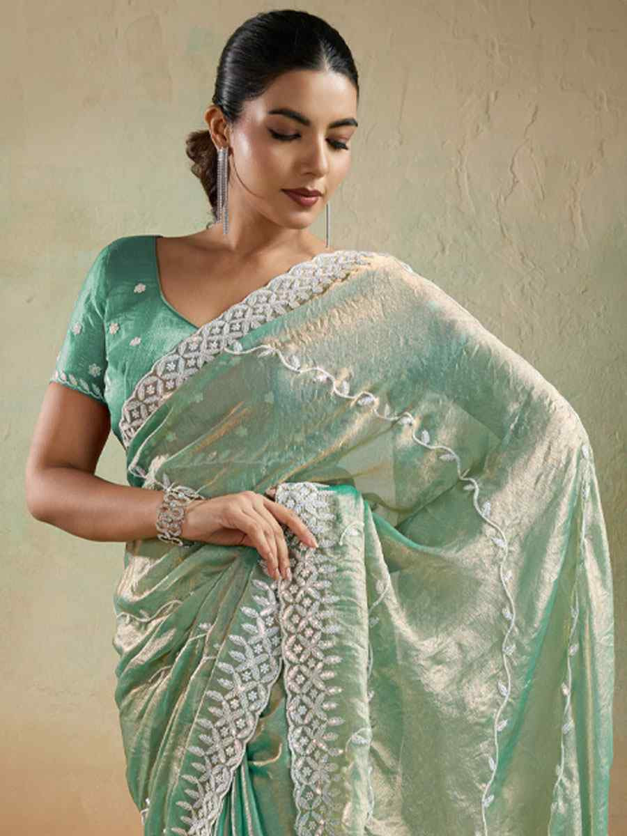 Green Velvet Chiffon Embroidery Traditional Bridal Reception Festival Wedding Fancy Heavy Border Saree