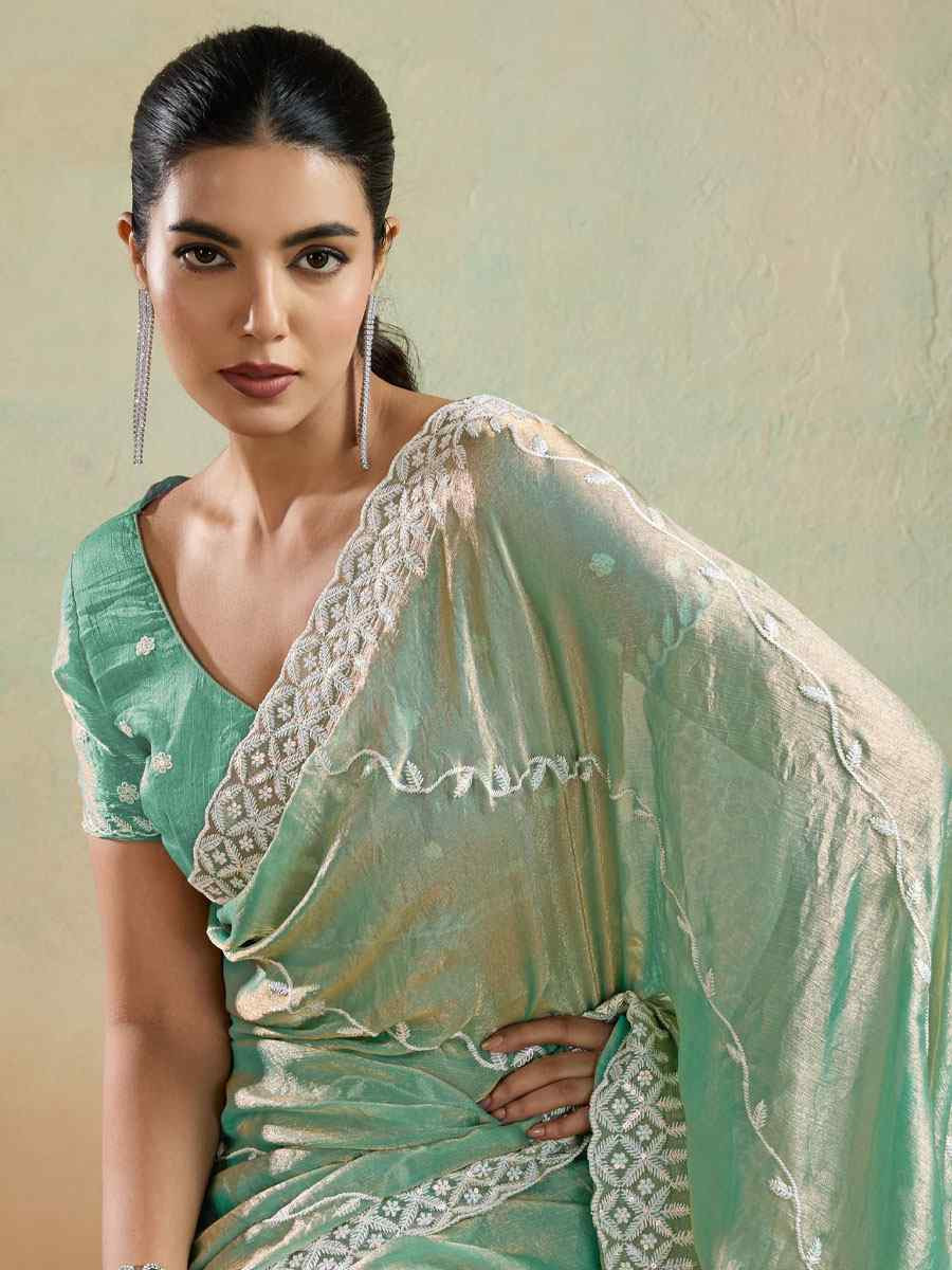 Green Velvet Chiffon Embroidery Traditional Bridal Reception Festival Wedding Fancy Heavy Border Saree