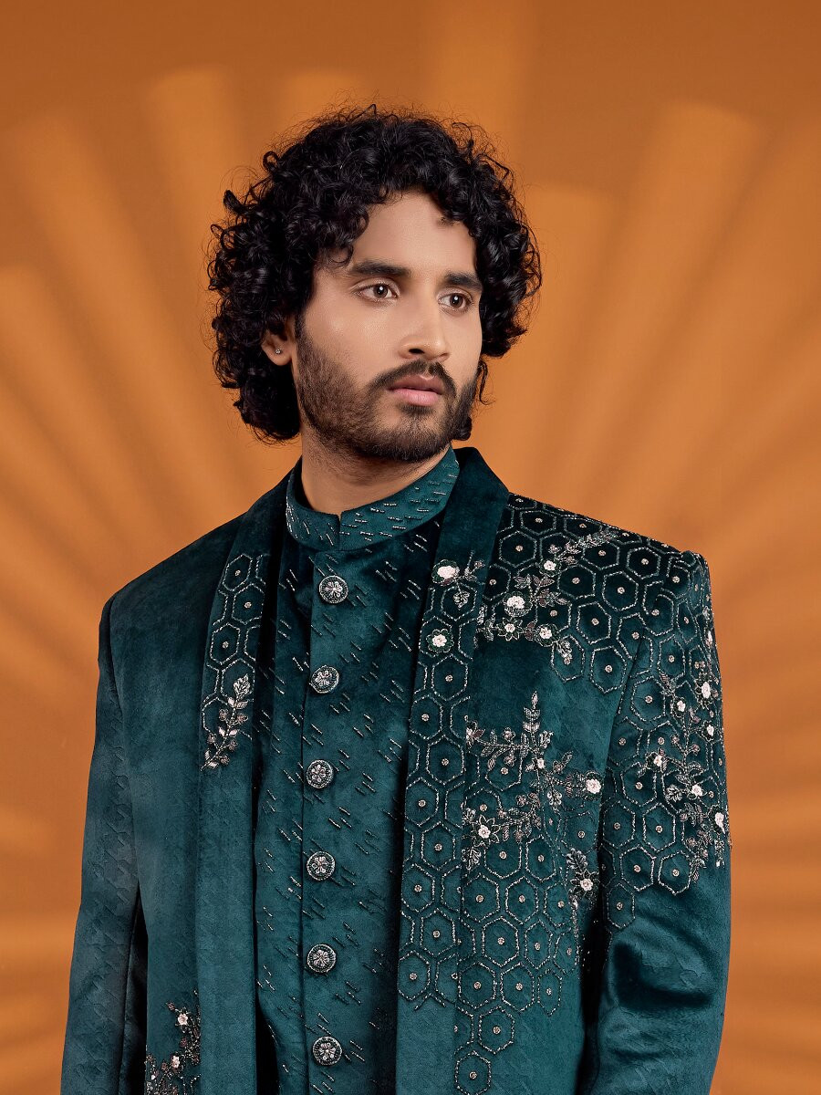 Green Velvet Embroidered Computer Thread work Wedding Party Festival Groom Sherwani