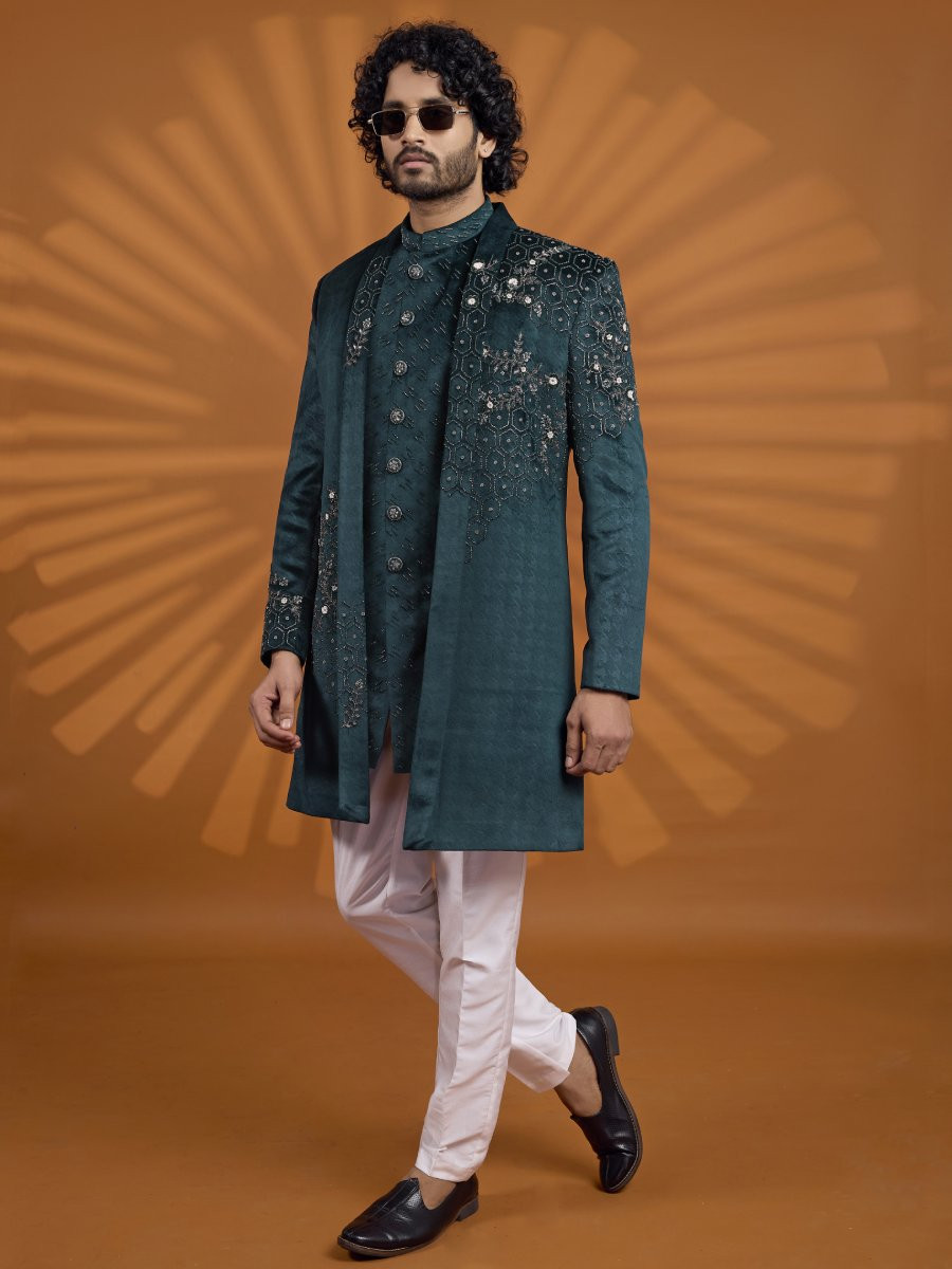Green Velvet Embroidered Computer Thread work Wedding Party Festival Groom Sherwani