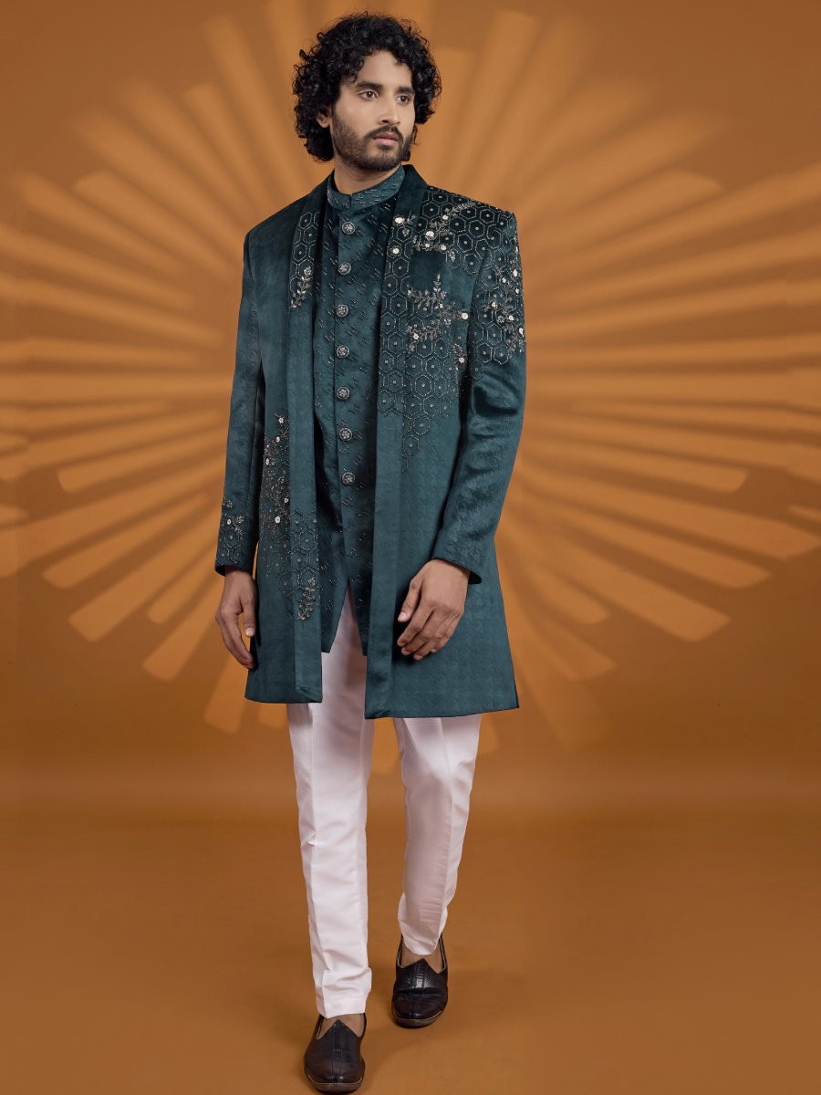Green Velvet Embroidered Computer Thread work Wedding Party Festival Groom Sherwani
