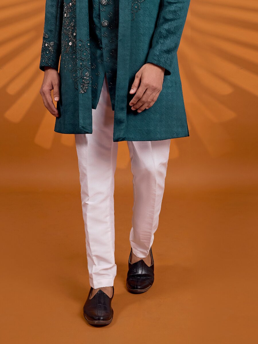 Green Velvet Embroidered Computer Thread work Wedding Party Festival Groom Sherwani