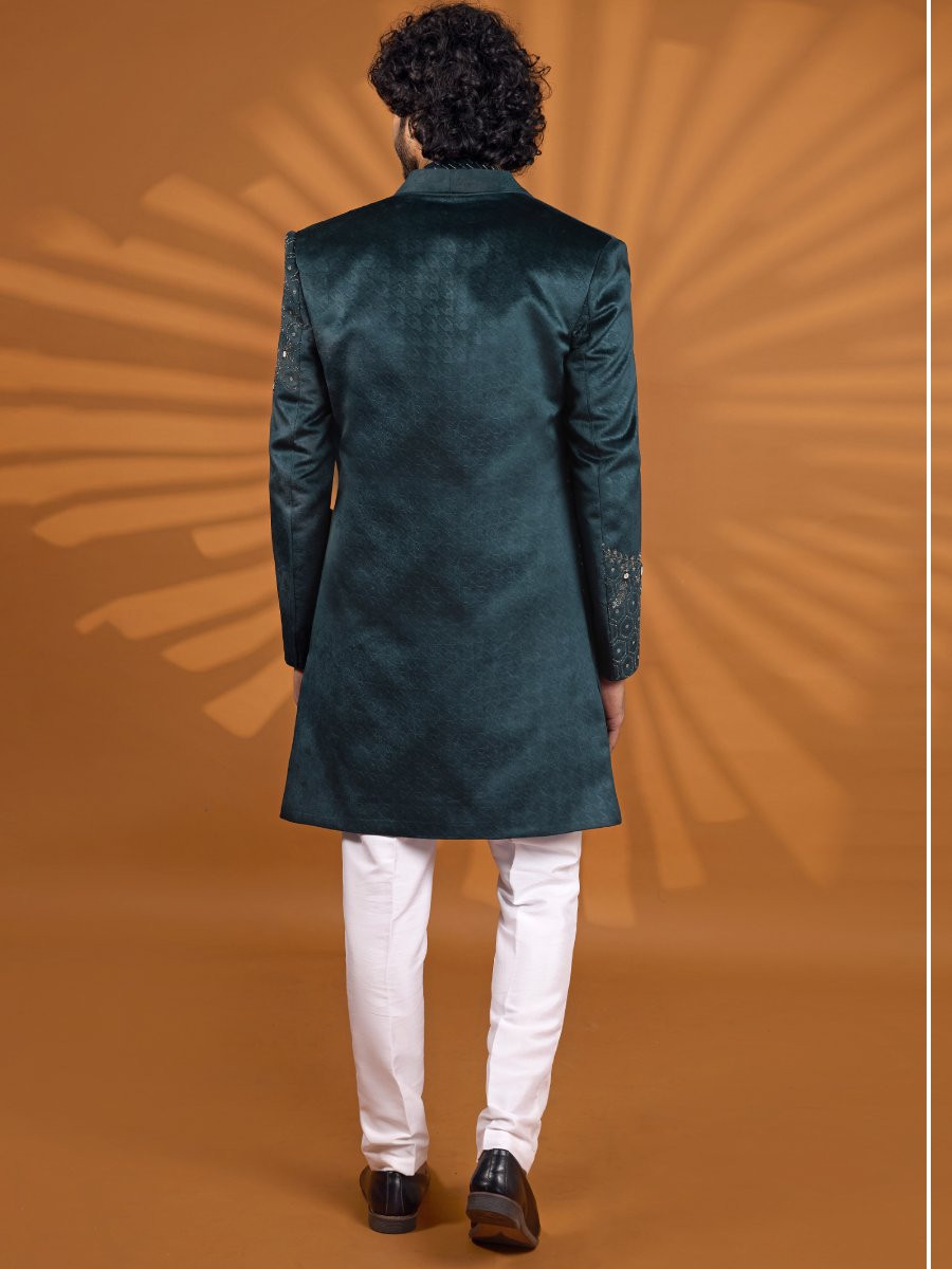 Green Velvet Embroidered Computer Thread work Wedding Party Festival Groom Sherwani