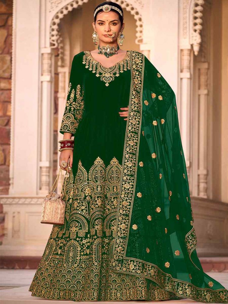 Green Velvet Embroidered Engagement Wedding Anarkali Salwar Kameez