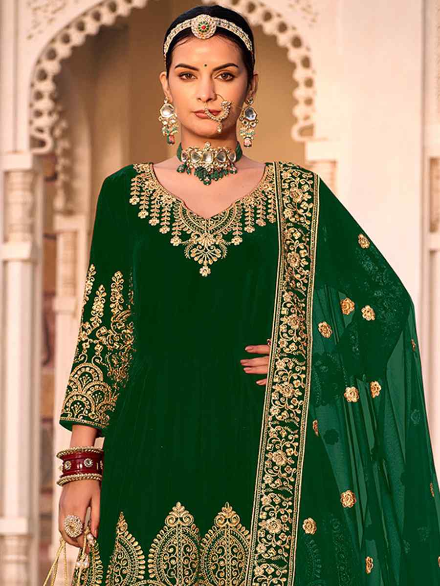 Green Velvet Embroidered Engagement Wedding Anarkali Salwar Kameez