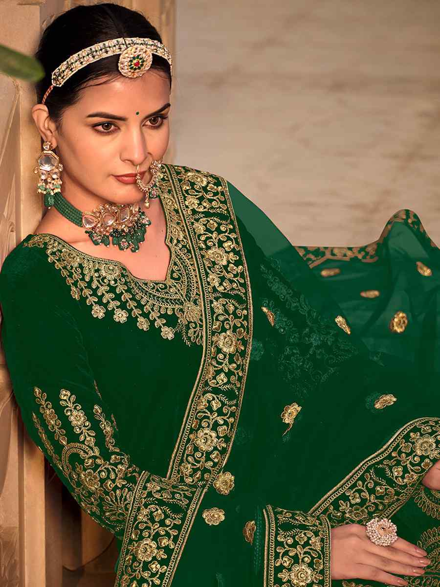 Green Velvet Embroidered Engagement Wedding Anarkali Salwar Kameez