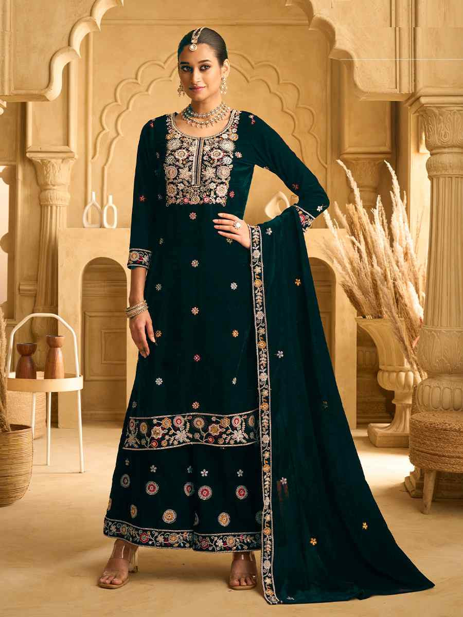 Green Velvet Embroidered Festival Casual Palazzo Pant Salwar Kameez