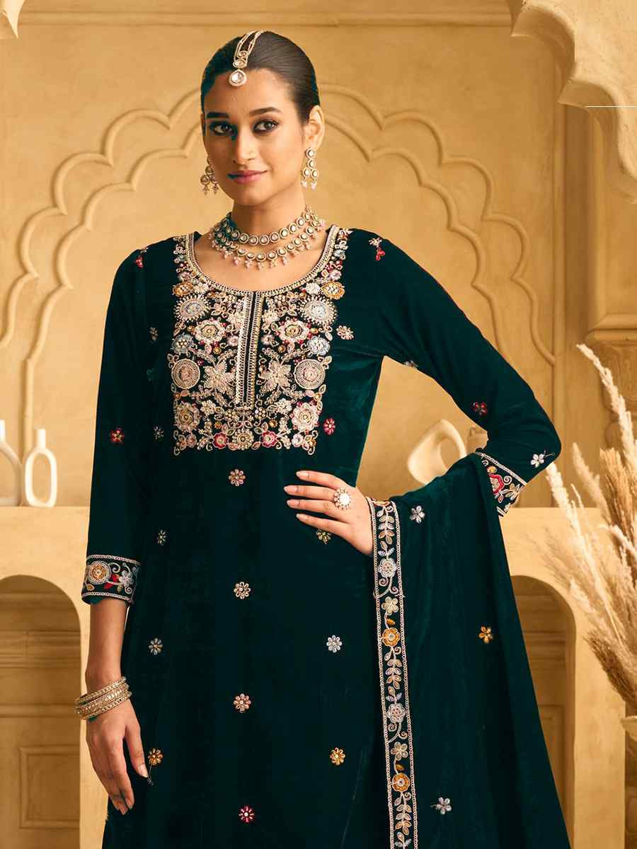 Green Velvet Embroidered Festival Casual Palazzo Pant Salwar Kameez